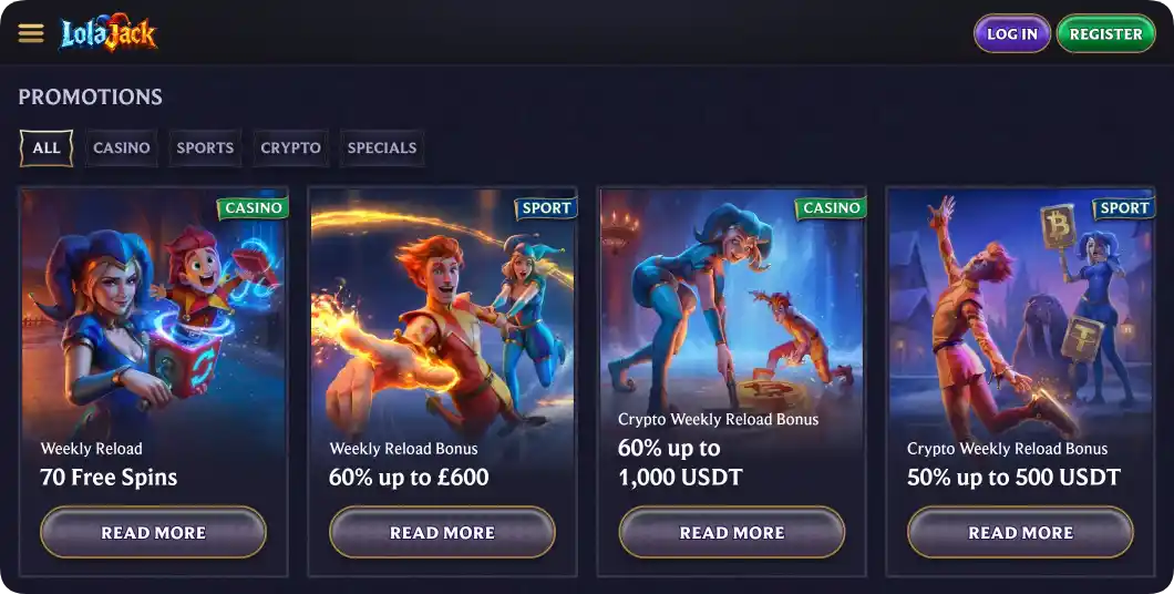 Casino LolaJack cashback and reload bonus promotions for UK players
