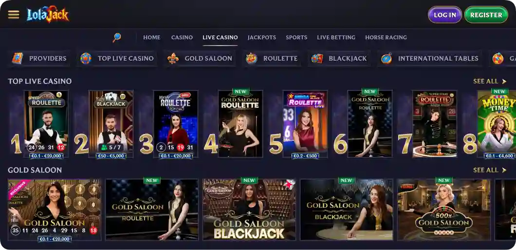 LolaJack Casino online live dealer tables and game shows