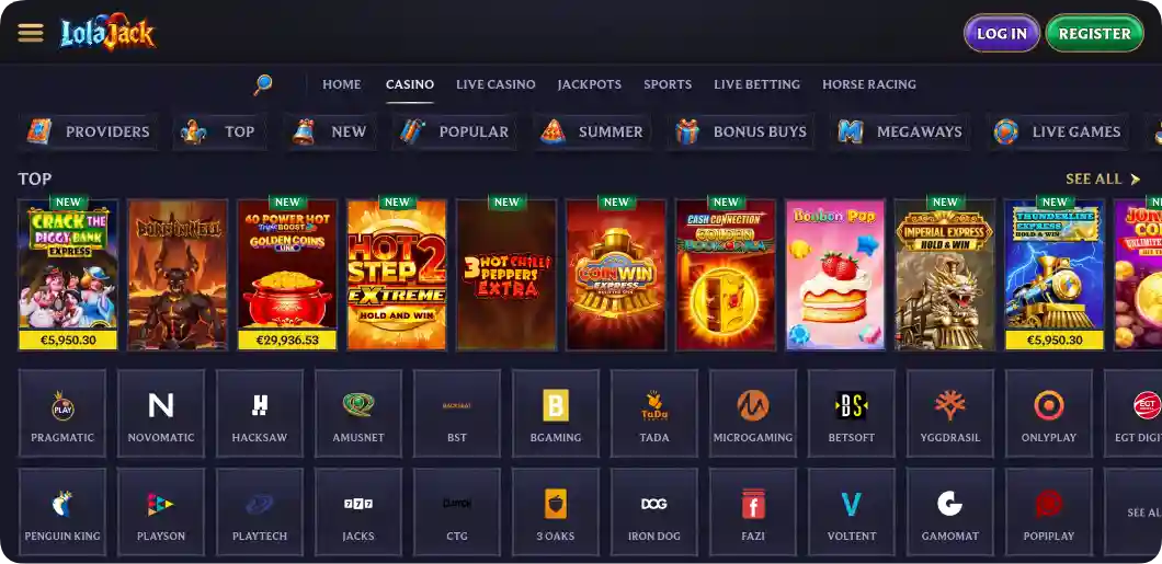 LolaJack online slot machine selection with Megaways and Bonus Buy